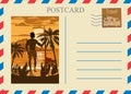 Postacrd summer vintage surfer beach ocean. Vacation travel design card with postage stamp. Vector illustration isolated