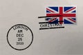 Postage envelope with UK flag on postage stamp and cancellation stamps, vector Royalty Free Stock Photo