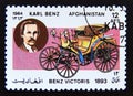 Postage stamp Afghanistan 1984. Benz Viktoria two seater and Karl Benz