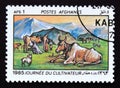 Postage stamp Afghanistan, 1985. Domestic Cattle Bos taurus, Dog Canis lupus familiaris