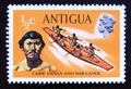 Postage stamp Antigua, 1970. Carib Indian and war canoe