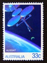 Postage stamp Australia, 1986. AUSSAT Satellite, Moon and Earth Surface Royalty Free Stock Photo