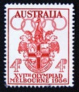 Postage stamp Australia, 1956. Coats of Arms of the city of Melbourne and Olympic rings Royalty Free Stock Photo