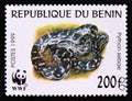 Postage stamp Benin, 1999. African Rock Phyton Python sebae snake animal