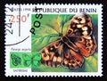 Postage stamp Benin 1998. Speckled Wood Pararge aegeria butterfly Royalty Free Stock Photo