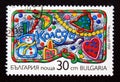 Postage stamp Bulgaria, 1991. Snowman, moon, candle, bell and heart