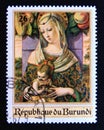 Postage stamp Burundi, 1967. Madonna, by Carlo de Crivelli painting by Correggio