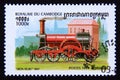 Postage stamp Cambodia 1999. Daniel Gooch Iron Duke, 1847 steam locomotive