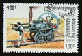 Postage stamp Cambodia 1995. First railway steam locomotive by Richard Trevithick 1804