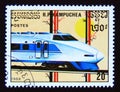 Postage stamp Cambodia 1989. Hikari express train, Sanyo Shinkansenline, Japan