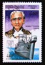 Postage stamp Cambodia, 1992. Jacques Yves Cousteau portrait, Calypso ship