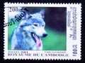 Postage stamp Cambodia, 2001, Mackenzie Valley Wolf, Canis lupus occidentalis Royalty Free Stock Photo