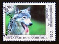 Postage stamp Cambodia, 2001. Mackenzie Valley Wolf Canis lupus occidentalis Royalty Free Stock Photo