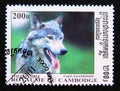 Postage stamp Cambodia, 2001. Mackenzie Valley Wolf Canis lupus occidentalis Royalty Free Stock Photo