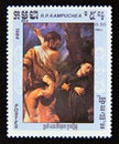 Postage stamp Cambodia 1984. Martyrdom of Four Saints, painting by Antonio Allegri Correggio