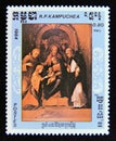 Postage stamp Cambodia 1984. Mystic Marriage of Saint Catherine, painting by Antonio Allegri Correggio