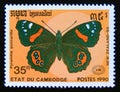 Postage stamp Cambodia 1990. New Zealand Red Admiral Pyrameis gonnarilla butterfly insect