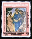 Postage stamp Cambodia 1983. Parnassus Details Dante, Ennius, Homer, RaphaÃÂ«l painting