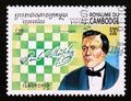 Postage stamp Cambodia 1994. Portrait Paul Morphy and chess board