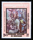 Postage stamp Cambodia 1983. School at Athens, details Telange, Pythagoras, RaphaÃÂ«l painting