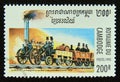 Postage stamp Cambodia 1995. Steam Locomotive Rocket on the route Liverpool Manchester 1830