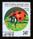 Postage stamp Congo Republic Brazzaville, 1994. Ladybug Female. Coccinellidae insect