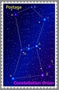 Postage stamp Constellation Orion with a frame simple perforation. Vector illustration.