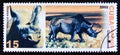 Postage stamp Cuba, 2002. Black Rhinoceros Diceros bicornis, Woolly Rhinoceros prehistoric dinosaur Coelodonta