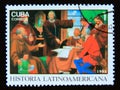 Postage stamp Cuba 1992. Columbus, pointing up, outlining his plan Royalty Free Stock Photo