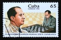 Postage stamp Cuba 1996. Portrait Jose Raul Capablanca seated at chess board