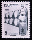 Postage stamp Cuba 1982. Rum bottle and wooden barrels