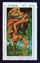 Postage stamp Cuba 1971. Saint Christopher and child by Jacopo Bassano painting