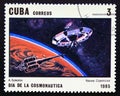 Postage stamp Cuba, 1985, A. Sokolov. On Way to Mars, near space station