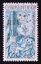 Postage stamp Czechoslovakia, 1960, draw of two kids near the rocket