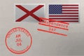 Postage stamp envelope with Alabama and USA flag and 4-th July stamps, vector Royalty Free Stock Photo