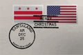 Postage stamp envelope with District of Columbia - Washington, D.C. and US flags, Christmas and New Year stamps, vector