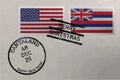 Postage stamp envelope with Hawaii and US flag, Christmas and New Year stamps, vector Royalty Free Stock Photo