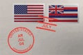 Postage stamp envelope with Hawaii and USA flag and 4-th July stamps, vector Royalty Free Stock Photo