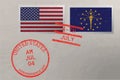 Postage stamp envelope with Indiana and USA flag and 4-th July stamps, vector Royalty Free Stock Photo