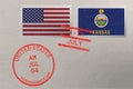 Postage stamp envelope with Kansas and USA flag and 4-th July stamps, vector Royalty Free Stock Photo
