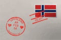 Postage stamp envelope with Norway flag and Valentines Day stamps, vector Royalty Free Stock Photo