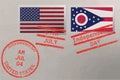 Postage stamp envelope with Ohio and USA flag and 4-th July stamps, vector Royalty Free Stock Photo