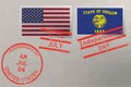 Postage stamp envelope with Oregon and USA flag and 4-th July stamps, vector Royalty Free Stock Photo