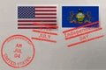 Postage stamp envelope with Pennsylvania and USA flag and 4-th July stamps, vector