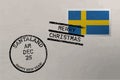 Postage stamp envelope with Sweden flag and Christmas and New Year stamps, vector Royalty Free Stock Photo