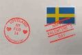 Postage stamp envelope with Sweden flag and Valentines Day stamps, vector Royalty Free Stock Photo