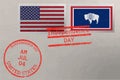 Postage stamp envelope with Wyoming and USA flag and 4-th July stamps, vector Royalty Free Stock Photo