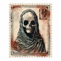 Moody Realism: Vintage Skeleton Stamp Illustration