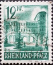 A postage stamp from Germany, der fanzÃÂ¶sichen Zone section Rheinland Pfalz mit dem Historischen GebÃÂ¤ude  Po Royalty Free Stock Photo