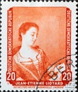 A postage stamp from Germany, GDR showing a painting: The MagisterÃ¢â¬â¢s niece Mademoiselle Lavergne by Je